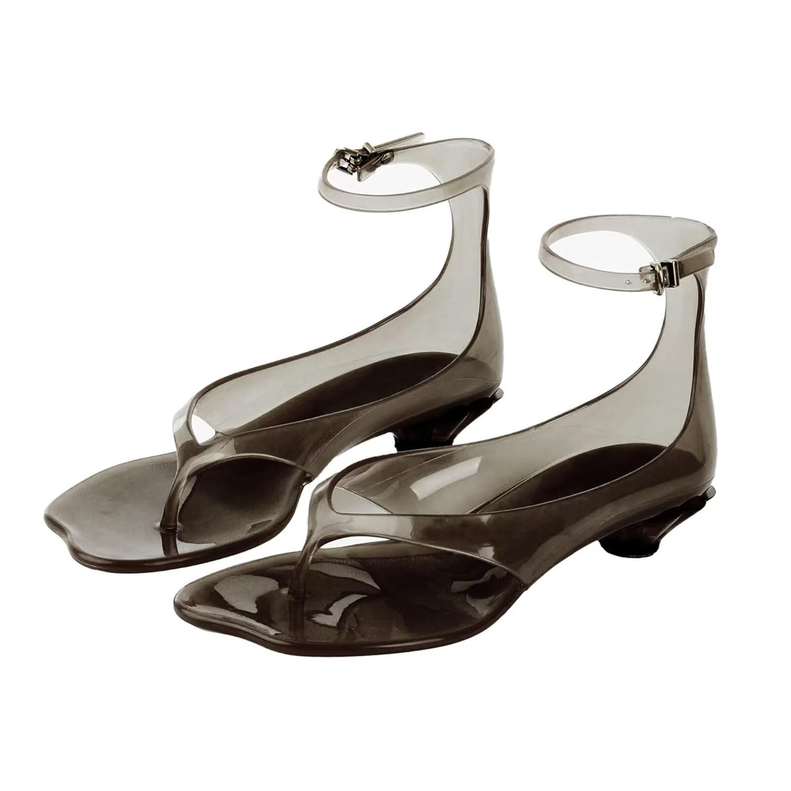 Jelly Thong Heeled Sandals for Women,Clear Flip Flop Low Kitten Heels for Women Square Open Toe Strappy Summer Casual Beach Adjustable Buckle Dress Sandals, Black, 6.5