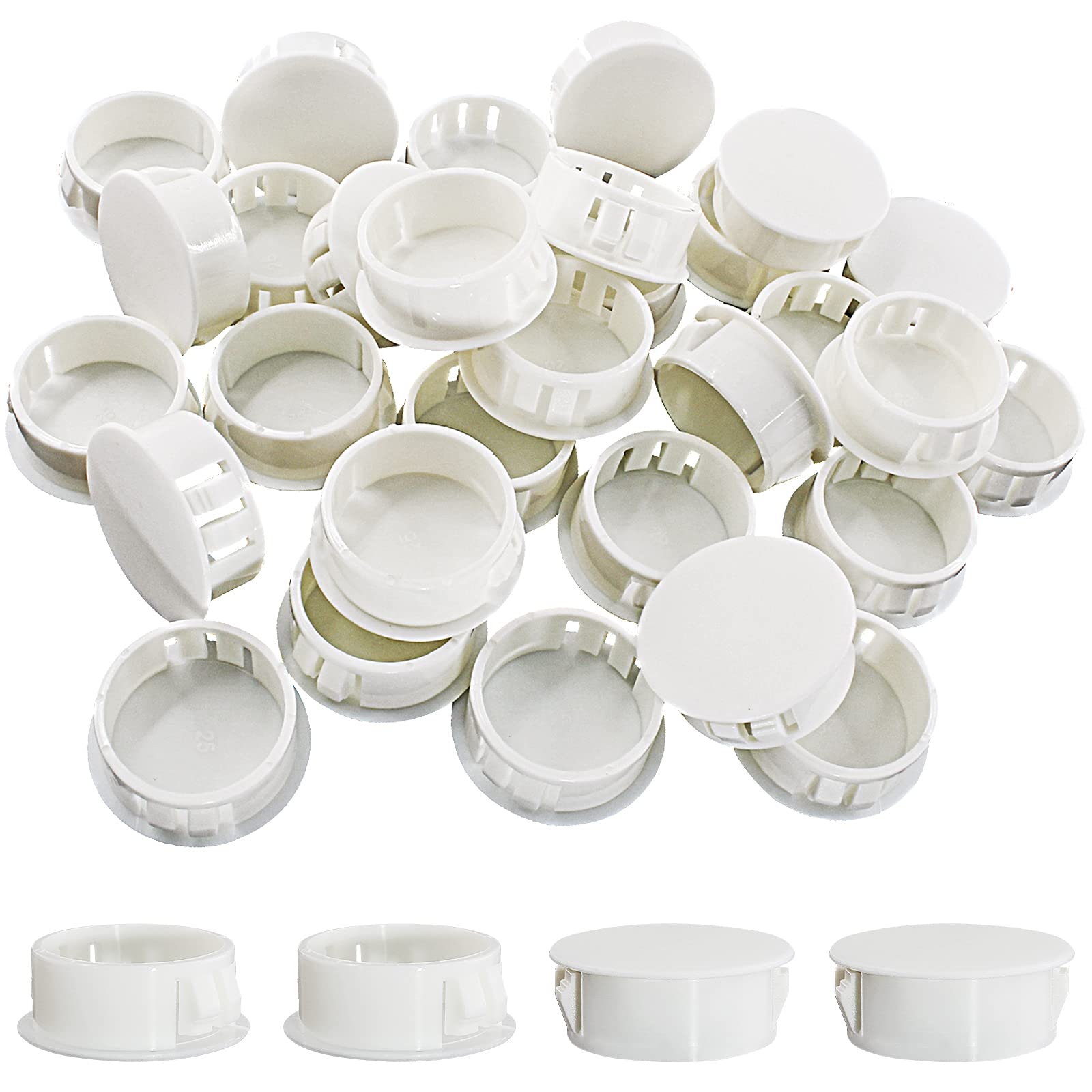 Murtenze 30 Pcs 25mm (1") White Hole Plugs, Plastic Flush Type Panel Plugs Fastener Cover, Round Plastic Snap in Locking Tubing Plug for Kitchen