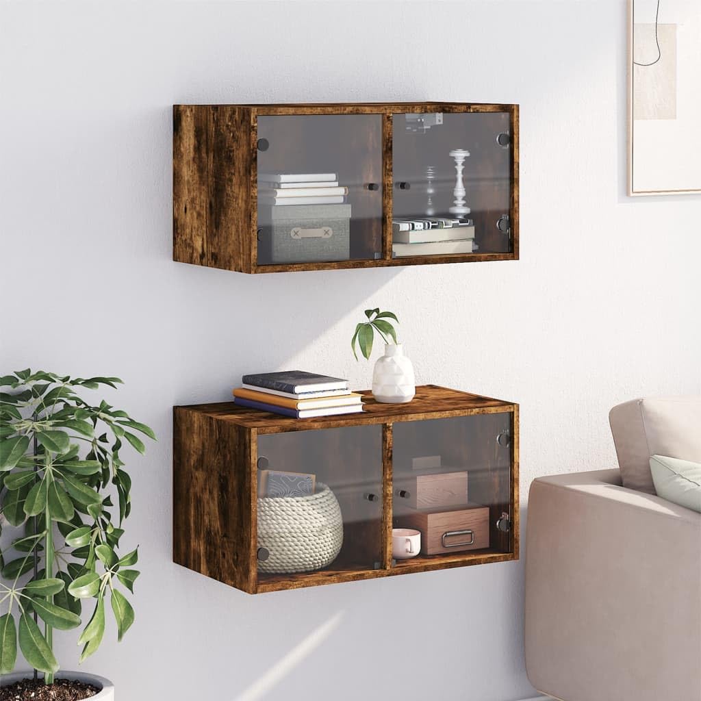 2er Set Wandschränke mit Glastüren Räuchereiche 68,5x37x35 cm Büro Schrank klein Modernes Design für Schlafzimmer Küche und Homeoffice