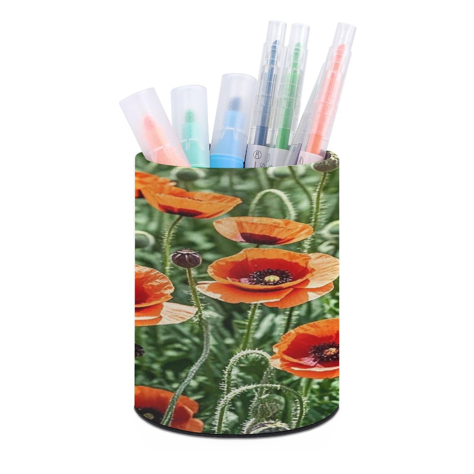 FekiLoot Round Red Poppy Flowers Leaves Pen Holder for Desk PU Leather Waterproof Pencil Cup Stand Minimalist Makeup Brush Storage Organizer Desktop Stationery Container Accessorires