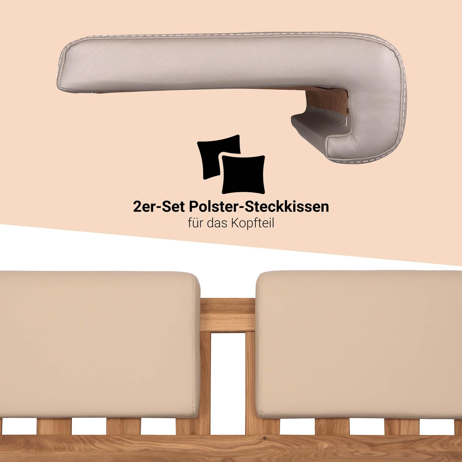 Staboos 2er Set Leder Polsterkissen, Steckkissen für Bettkopfteil zum einhängen, Rückenlehne für Bett mit Kopfteil, SK01 (beige)