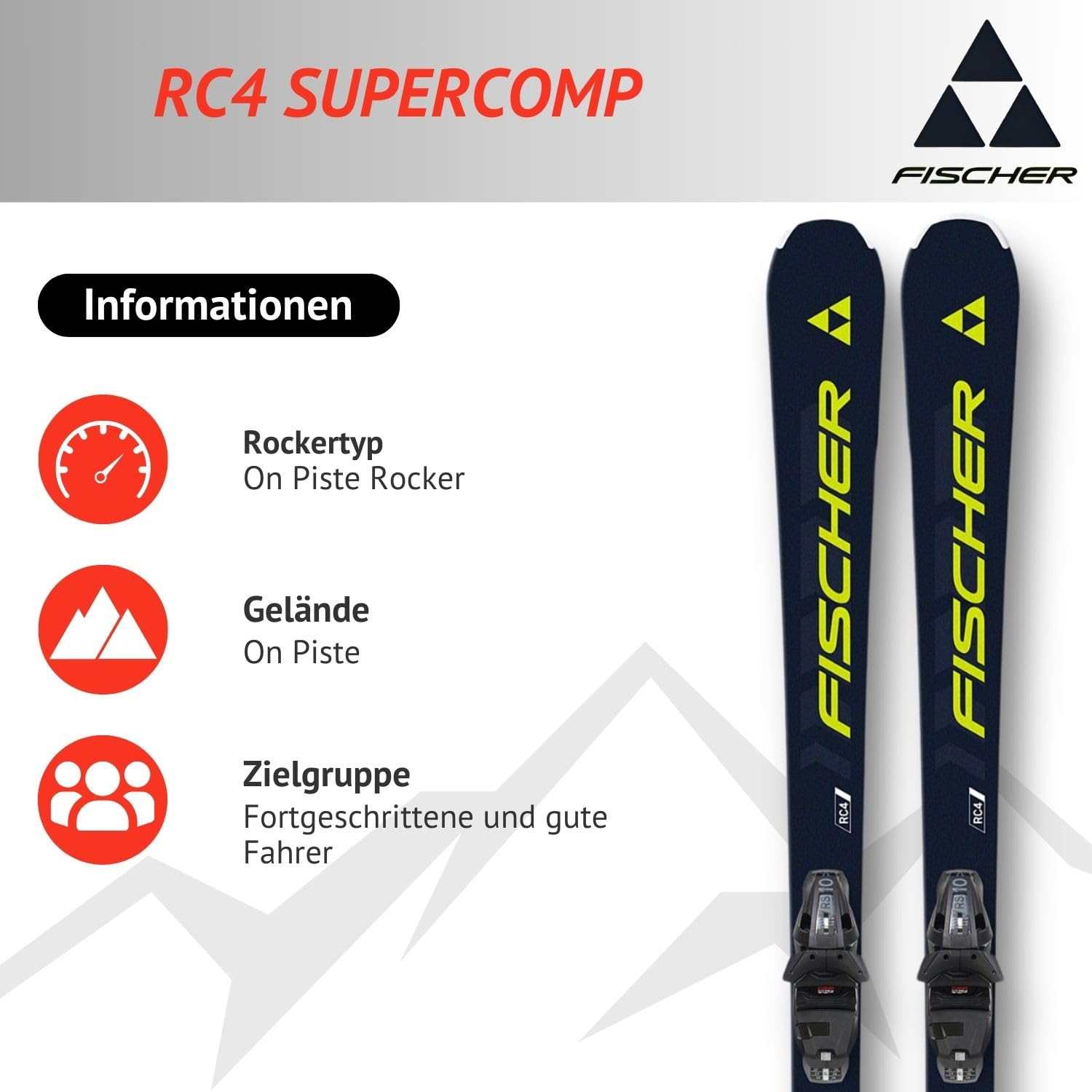 Ski Alpinski Pistenski - Fischer RC4 Supercomp - On Piste Rocker - inkl. Bindung RS10 GW SLR Z3-10 - für fortgeschrittene und Gute Fahrer - Carvingski für präparierte Piste