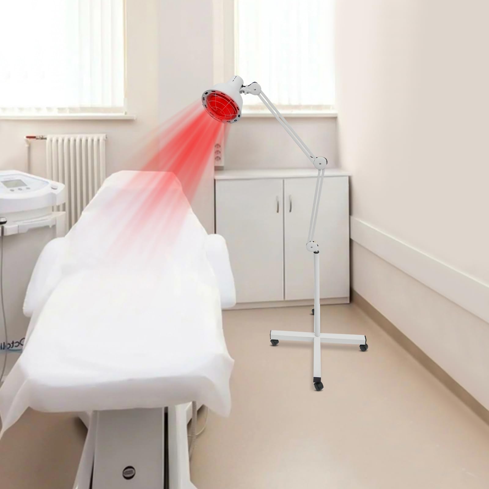 Lámpara de luz roja infrarroja, 275 W, 360°, lámpara de luz roja con base y 4 ruedas universales, temperatura ajustable de 0-90 °C, uso doméstico portátil con luz infrarroja