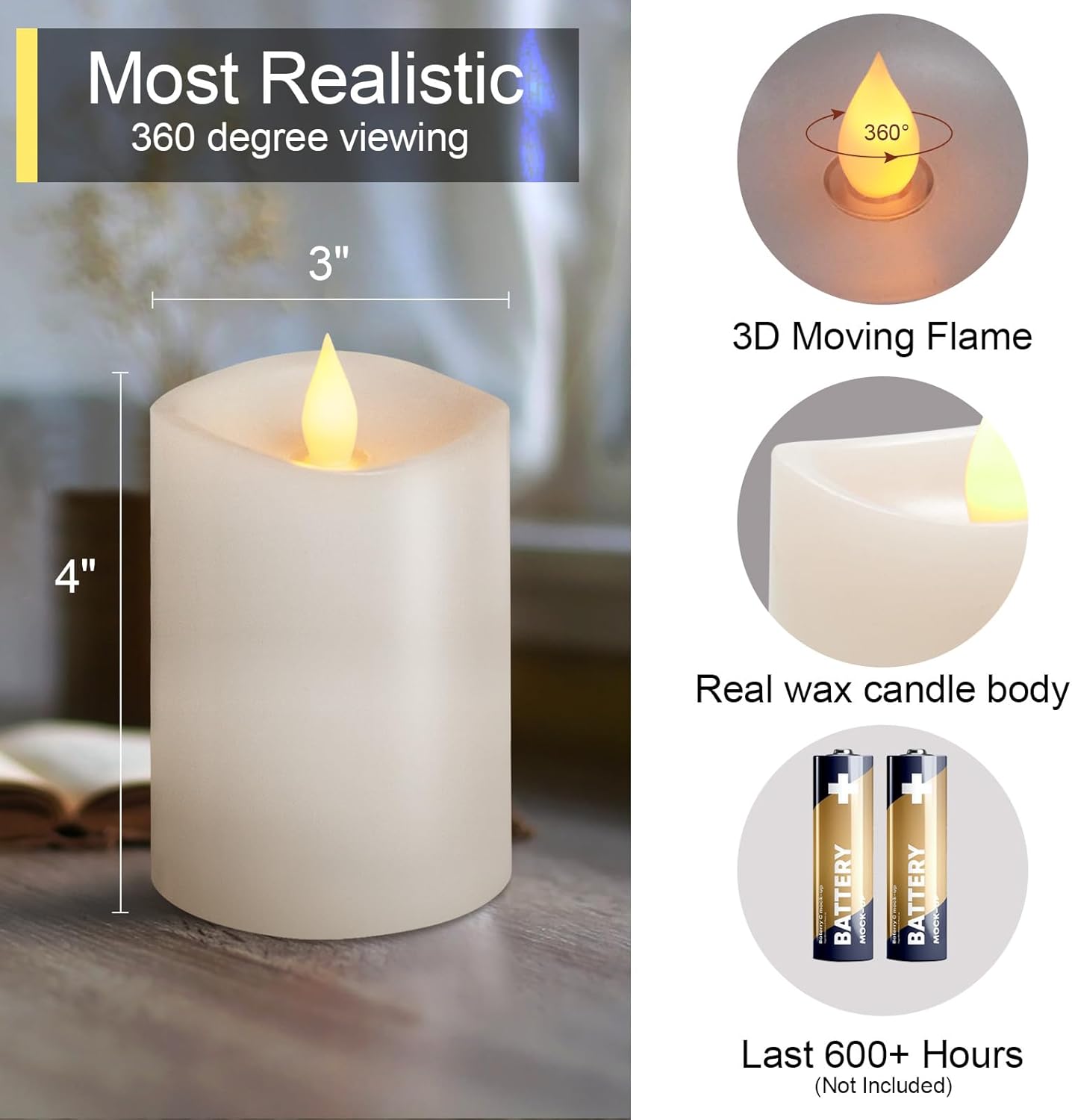 3x4 Flameless Candles with Remote Set of 3, 4 inch Battery Candles Flickering with Timer, LED Pillar Candle for Indoor/Outdoor, White