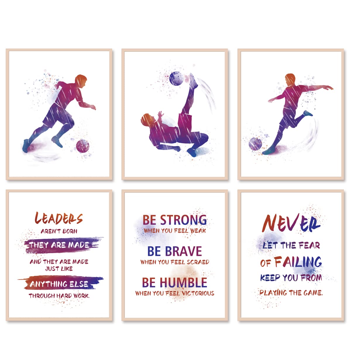 KAIRNE Football Canvas Wall Art,Be Strong Be Brave Be Humble Inspirational Quotes Art Prints Motivational Sayings Posters for Boys Bedroom Accessories for Football Soccer Lover Gifts,No Frames