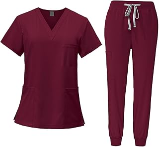 Vaveren Women Uniform Scrubs Set Top and Pants Durable V Neck Comfortable with Pockets Work Clothing Nurse Workwear for Beauty Center, Red, S