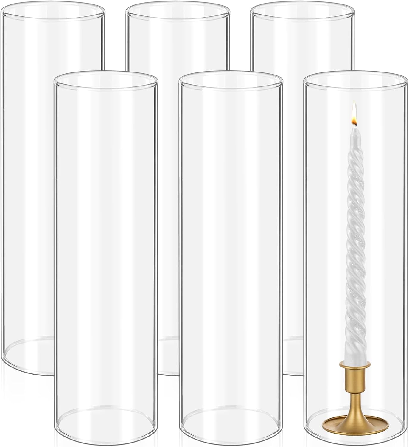6 pcs hurricane candle holder sleeve, h:12" d:4" bottomless glass cylinder candleholder tall clear glass cylinder open both ends, chimney tube cover, open ended candle shade 4"x12"h 6
