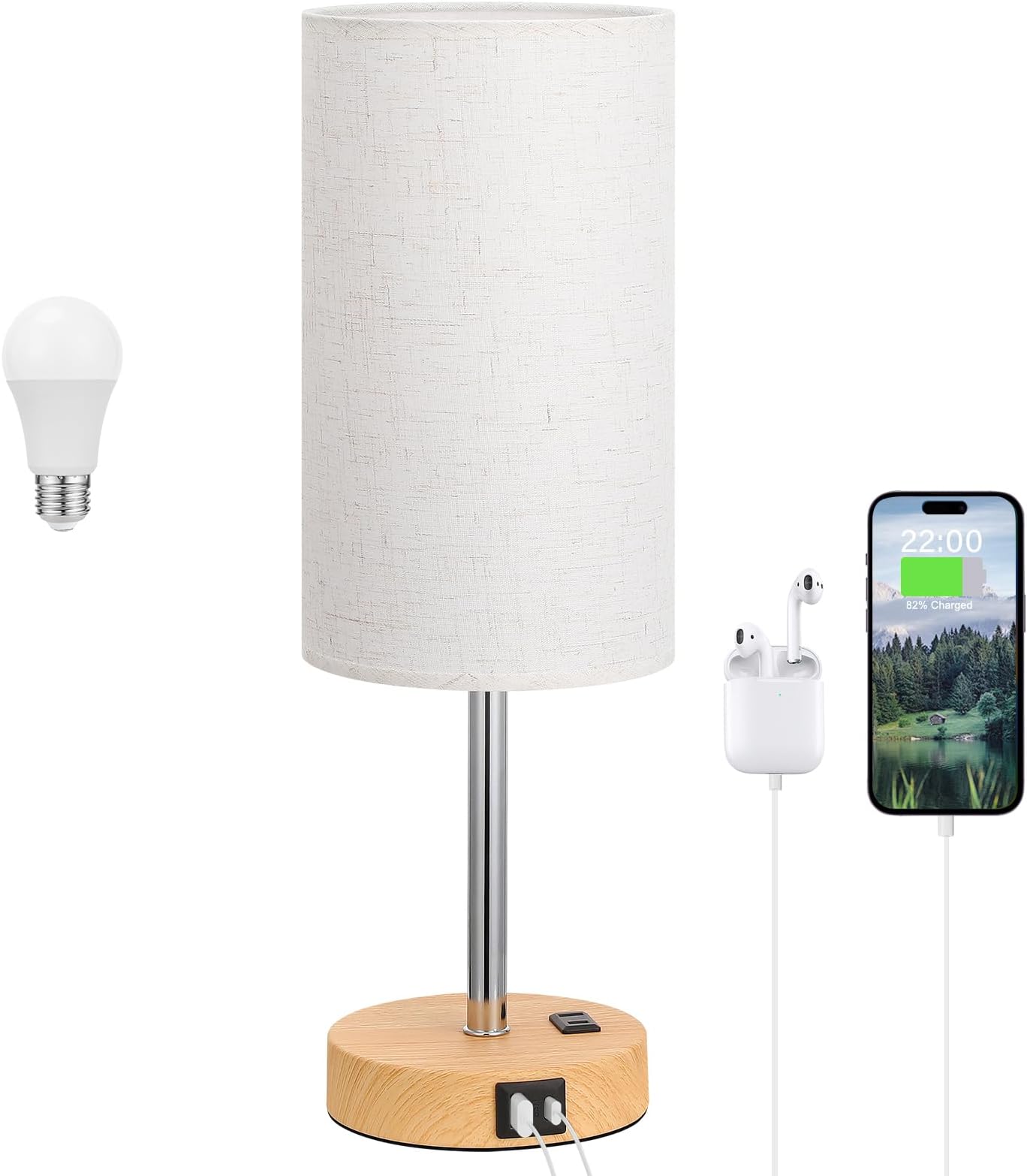 Touch Bedside Lamp USB Bedside Lamp, 3-Way Dimmable Wood Lamp for Bedroom Bedside Desk Lamp with Charging Station for Bedroom Office Room