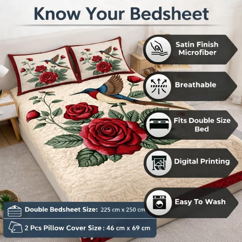 Image of Premium 7D Printed King Size Bedsheet Set with Pillow Covers Soft Cotton Blend Double Bedsheet for Home (Pillow Covers :18x28 inches Bedsheet :90x100 (Red, Beige)