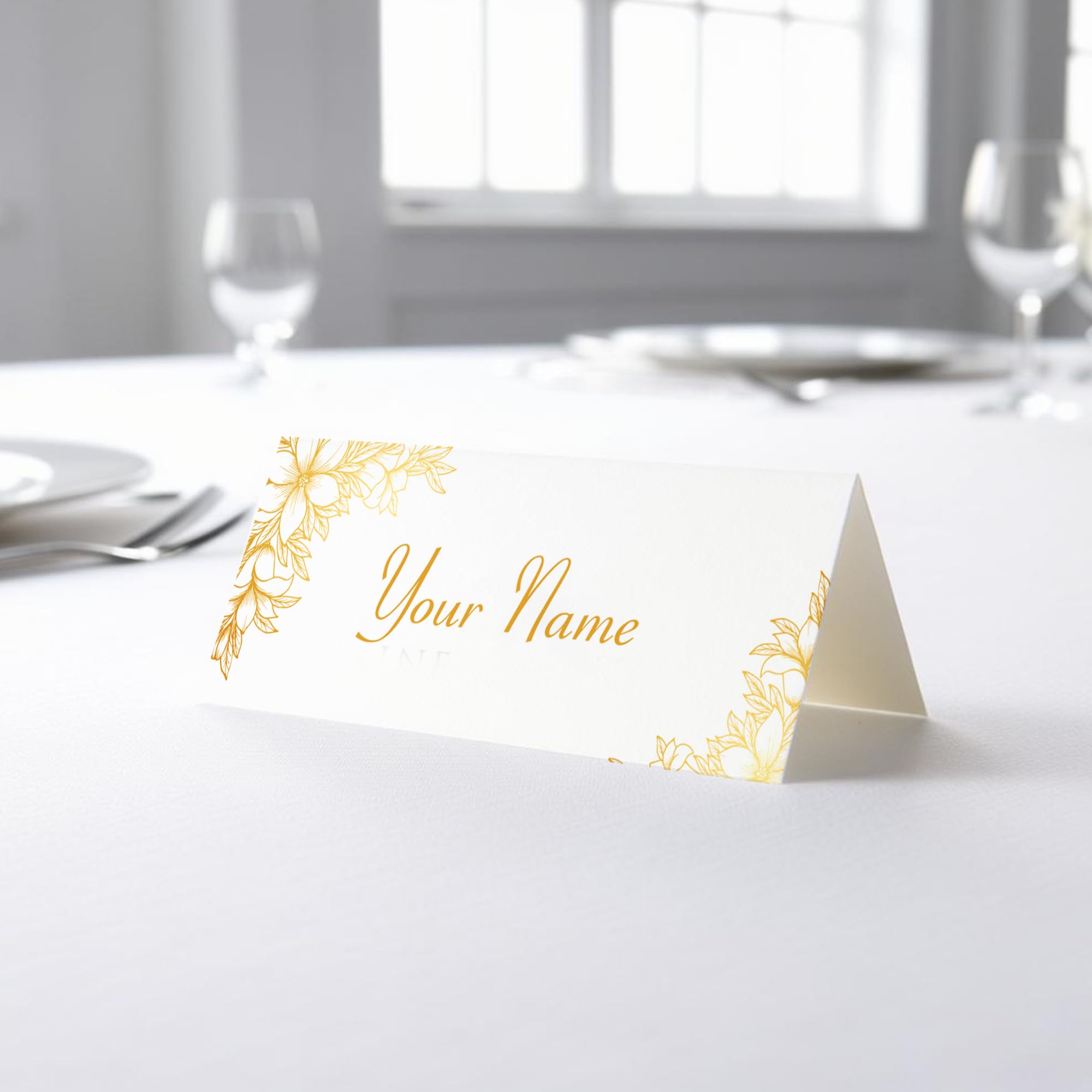 Personalised Gold Flowers Table Place Name Cards, Place Setting 90mm x 37mm, Wedding, Conference, Parties (15)