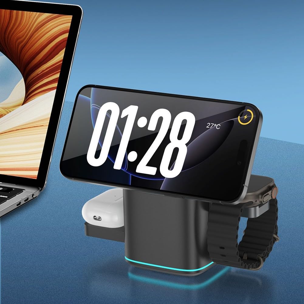 Base para carga 3 Dispositivos para iphone Watch para airpods 15W(black)