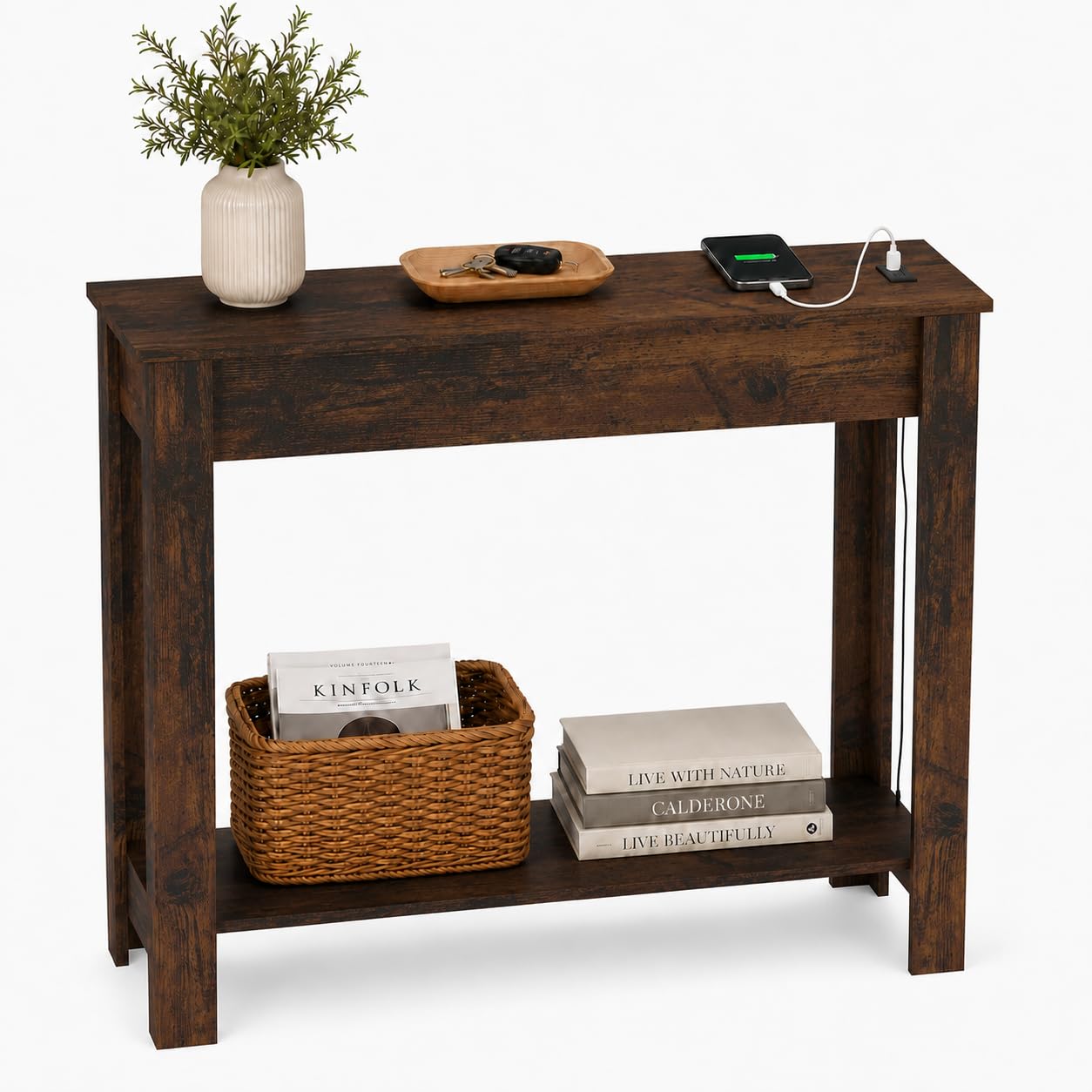 URBNLIVING Narrow Hallway Console Table USB Charging, Rustic Oak High Front