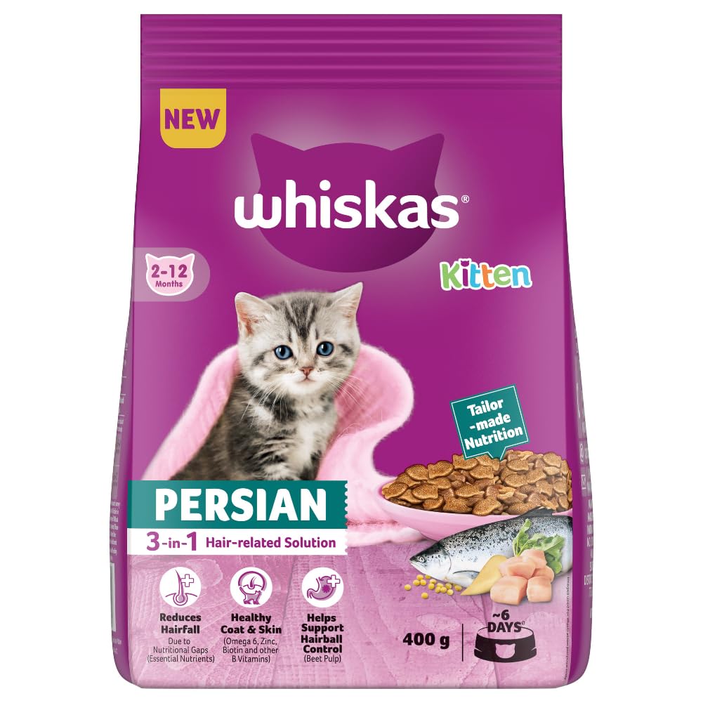 Whiskas Persian Kitten (2-12 Months) Dry Cat Food, 400 g, 100% Complete & Balanced Tailor Made Nutrition, Reduces Hairfall, for Healthy Coat & Skin
