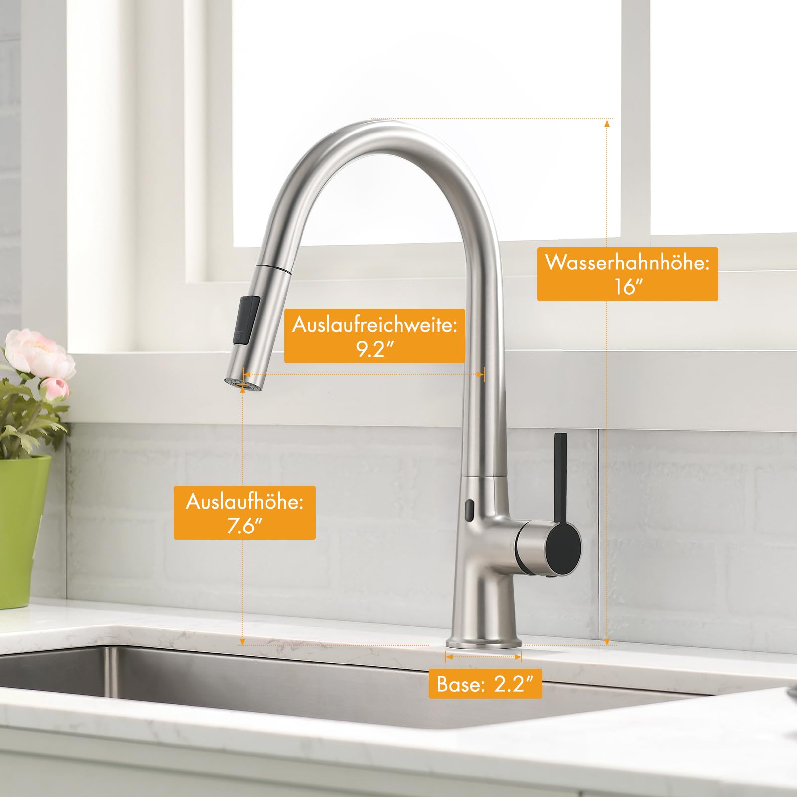 AIMADI Sensor Wasserhahn Küche Ausziehbar Automatisch Küchenarmatur Berührungslos, 360° Drehgelenk, 2 Sprühmodi Armatur Küche Spültischarmatur Flexibel & Modern Gebürstete Nickel