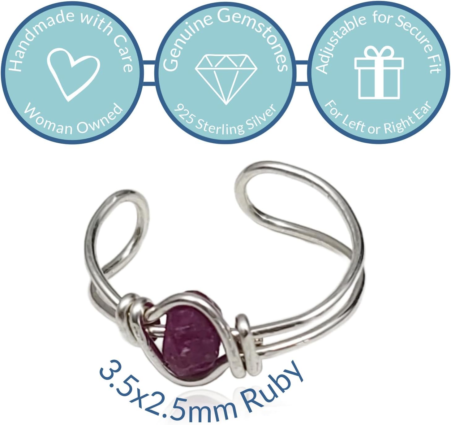 Sterling Silver Ruby Clip On Ear Cuff, Non Piercing Dainty Huggie Gemstone Earring, July Birthstone - Image 2