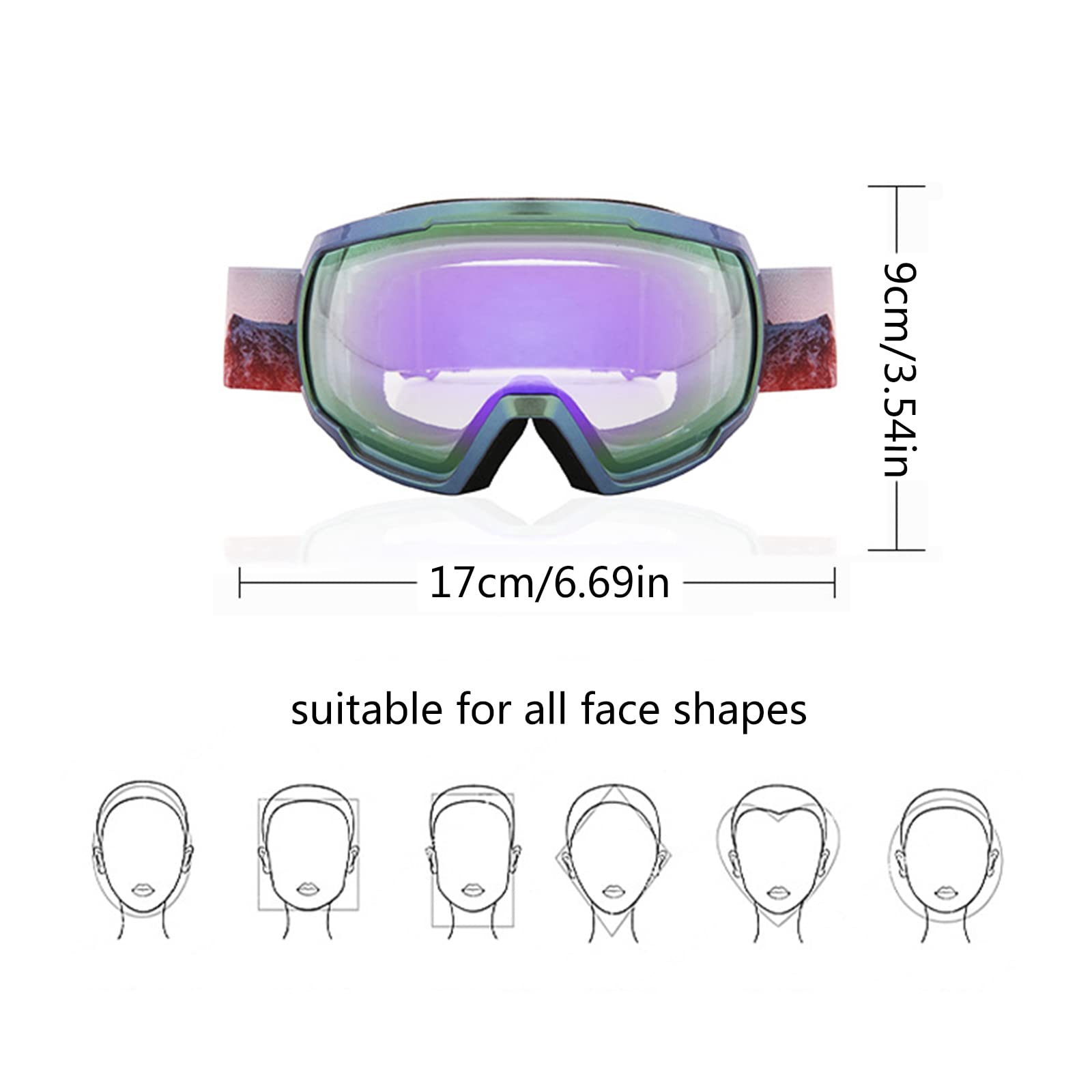 Lunettes de Ski Homme Femme, Anti-Buée Masque de Ski OTG, Anti-poussière Coupe-Vent, 100% Protection UV, Masques de Snowboard pour Ski Cyclisme Snowboard Randonnée d'hiver