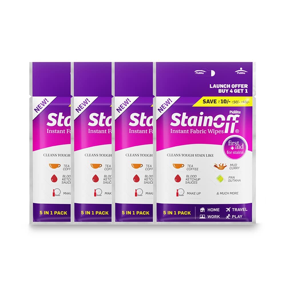 Pidilite Stain Remover Wipes (Pack of 4) For Tough Stains like Tea, Curry, Mud Stains, Helps Remove Stains from White and Coloured Clothes, Fabric