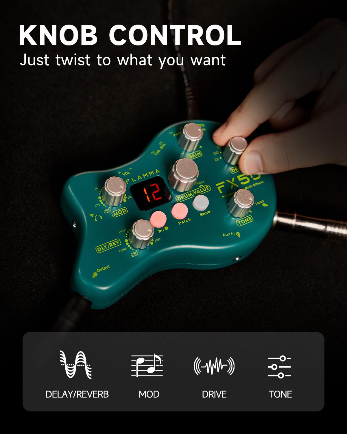 FLAMMA FX50 - Pedal de guitarra multiefectos portátil con 40 ritmos de tambor, 15 efectos, 32 parches, sintonizador y alimentación con cable o batería