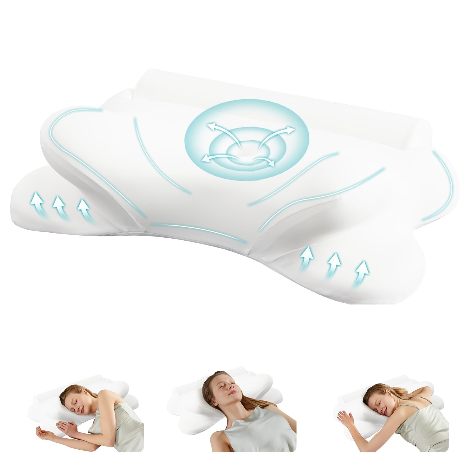 DUMOS Cervical Neck Pillow for Sleeping, Cooling Ergonomic Memory Foam Pillow with Arm Rest Slot and Ice Silk Pillowcase, Dual Height Orthopedic Support Contour for Side, Back, Stomach Sleepers