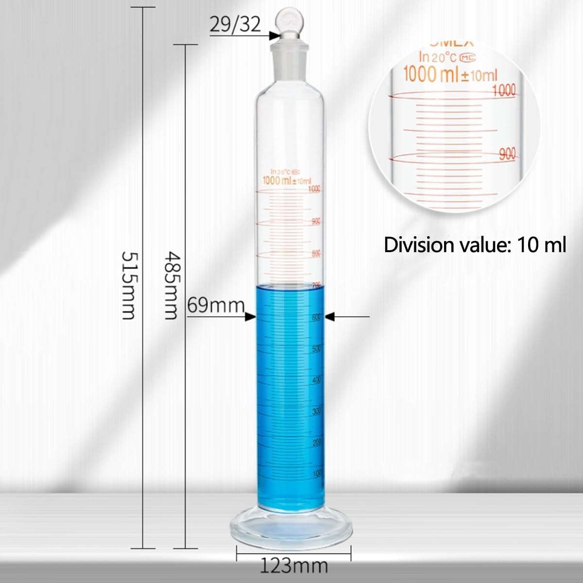 1000 ml Borosilikatglas Messzylinder mit geschliffenem Glasstopfen – Schwerwand-Labor-Messzylinder für genaue Messungen in wissenschaftlichen Klassenzimmern und zu Hause