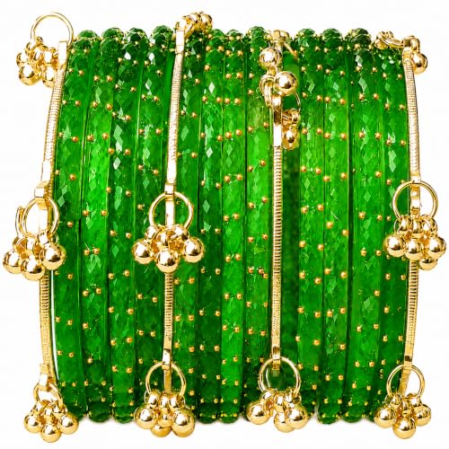 Image of JPS 16 Pcs Trendy Stylish Glass & Kashmiri Ghungroo Bangles Set for Women & Girls | Gold-Plated Traditional Festive Wedding Party Jewellery Chudi Set (12 Glass + 4 Metal)