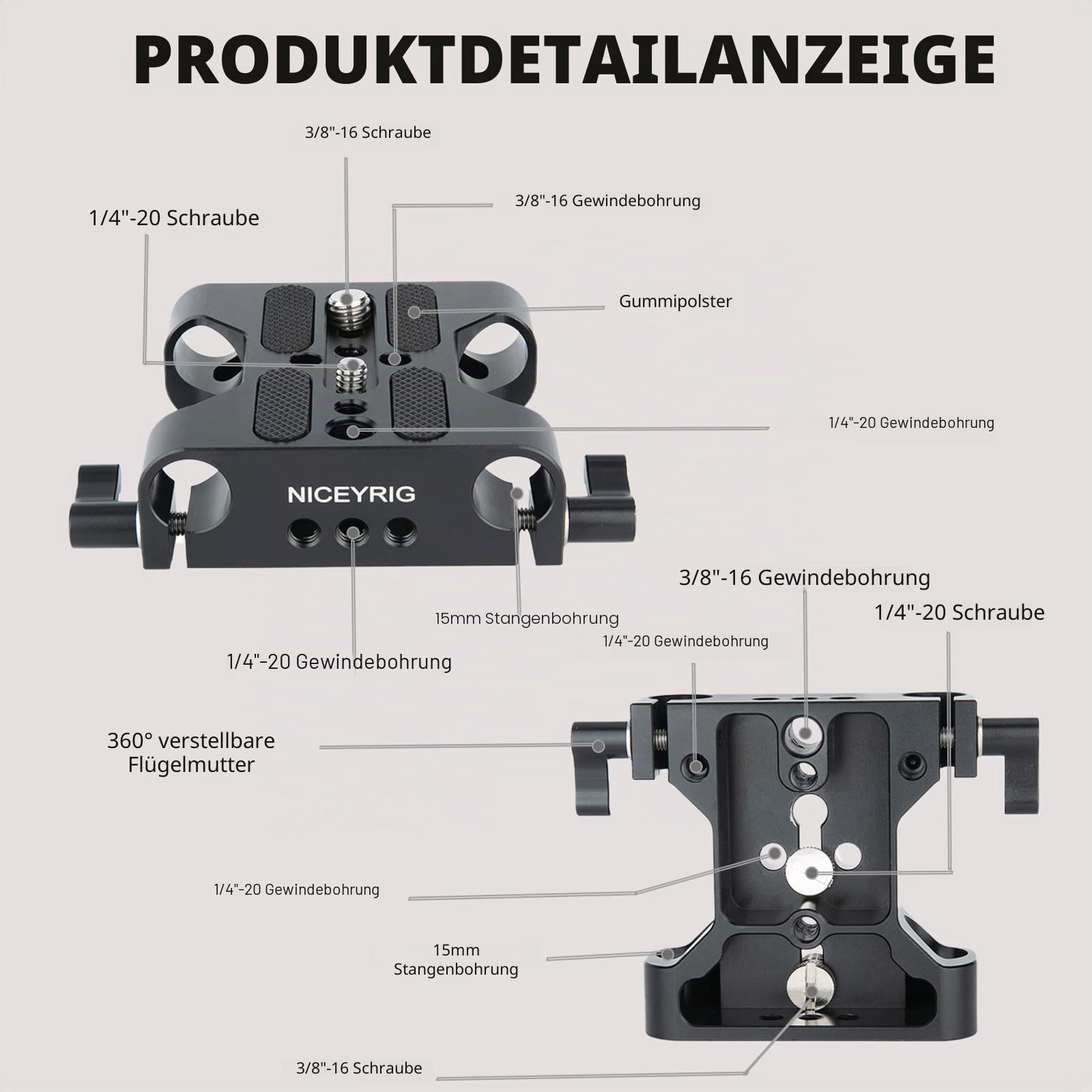 NICEYRIG Mehrzweckkamera Grundplatte mit 15 mm Stangenschienenklemme für das DSLR Rig Support System