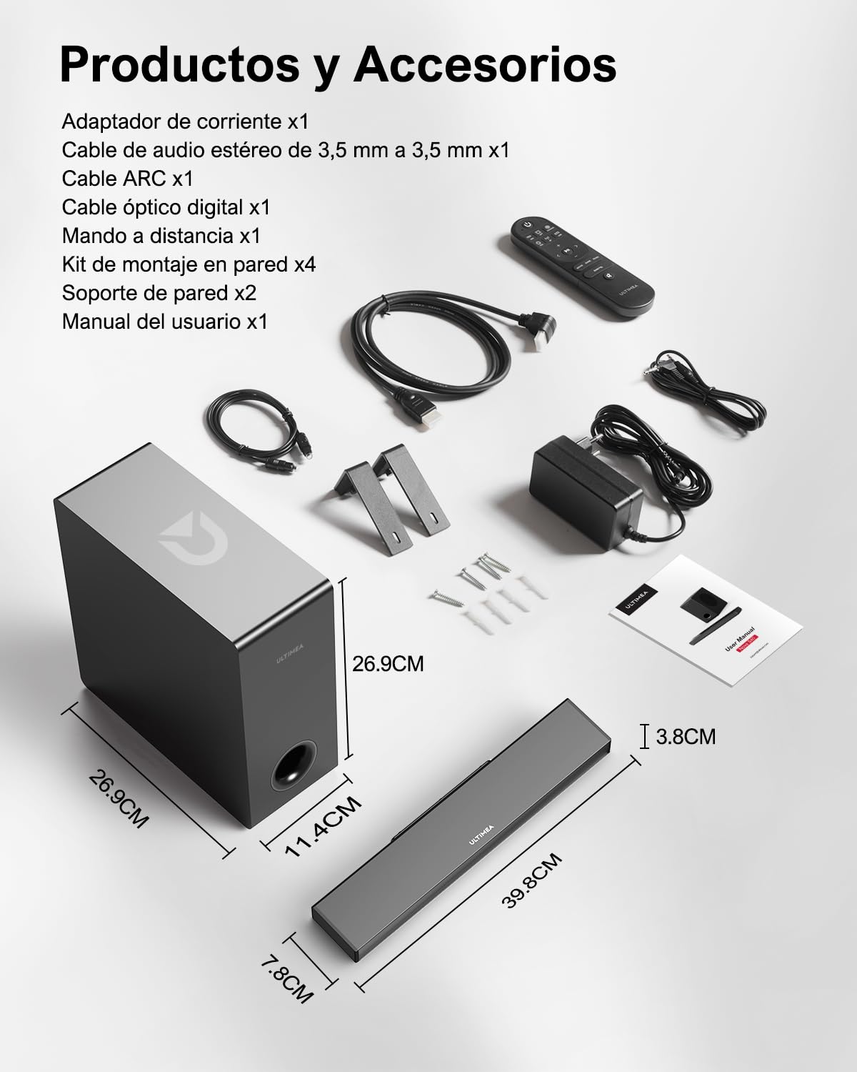 ULTIMEA Barra de Sonido para TV con Subwoofer, Potencia Máxima 160W, BASSMAX, Barra de Sonido Surround 2.1 para PC con 3 EQ, Bluetooth 5.3/HDMI/óptico/AUX/Montaje en Pared, Serie Ultra Slim Nova S40