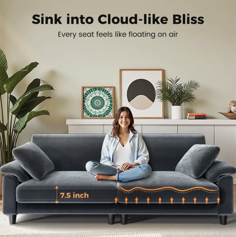 83" Corduroy Sofa Loveseat with Deep Seat Comfy Upholstered Couch Tool-Free Setup 2 Pillows (Gray)