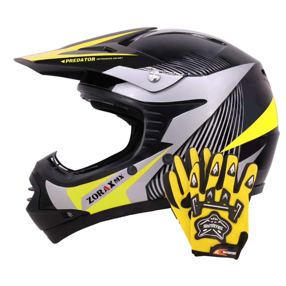 ZoraxZOR-X19 Yellow M (51-52cm) PREDATOR Kids Motocross Motorbike MX Helmet  ECE 2206 Gloves M(6cm)