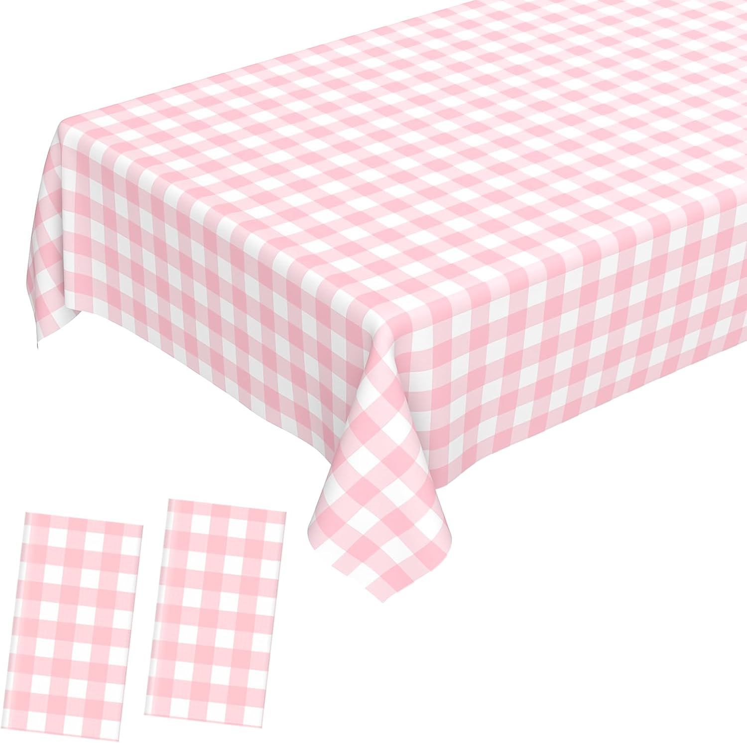 2 Pcs Pink Gingham Tablecloth, Disposable Plastic Pink Checkered Table Cloth, Pink & White Plaid Table Cover for Outdoor Picnic, Wedding, Baby & Bridal Shower, Birthday Party (54 x 108 Inch)