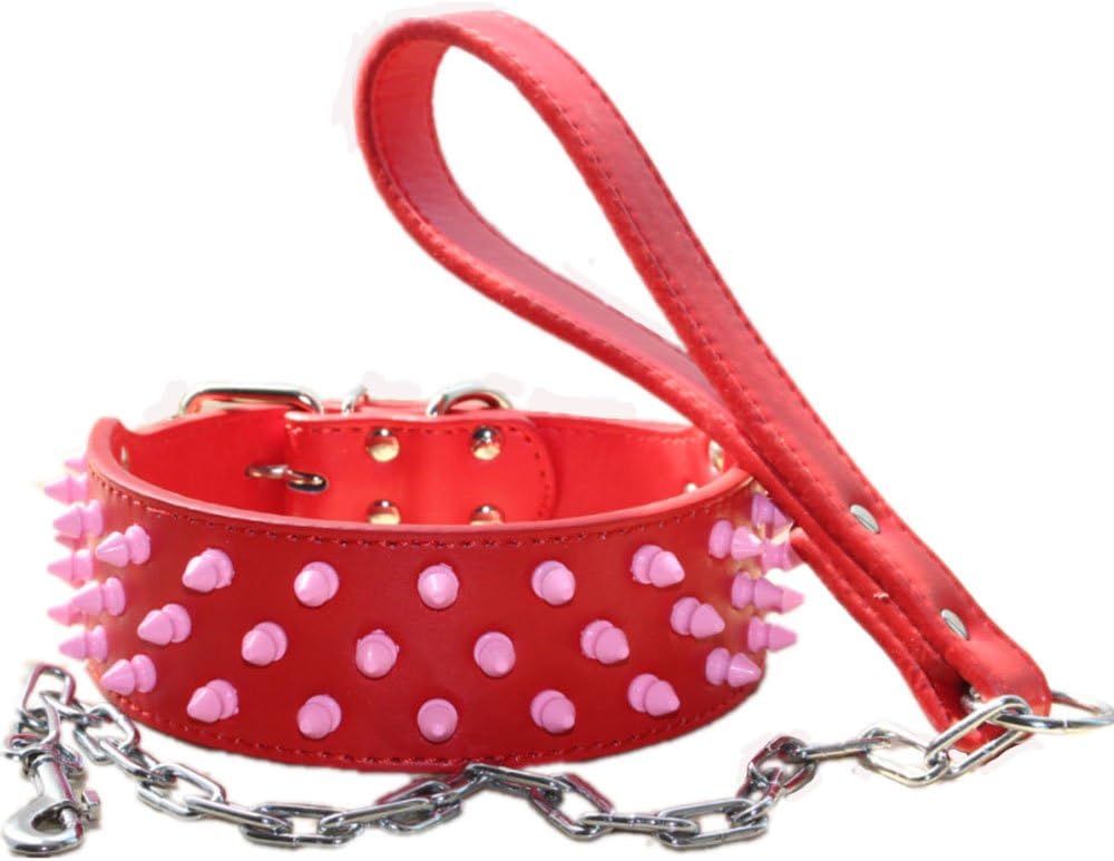 haoyueer Collar de perro con espigas rosadas de 5 cm de ancho de piel para perros, collar combinado de cadena para perros medianos y grandes Pitbull Husky Mastiff Terrier (M, rojo)