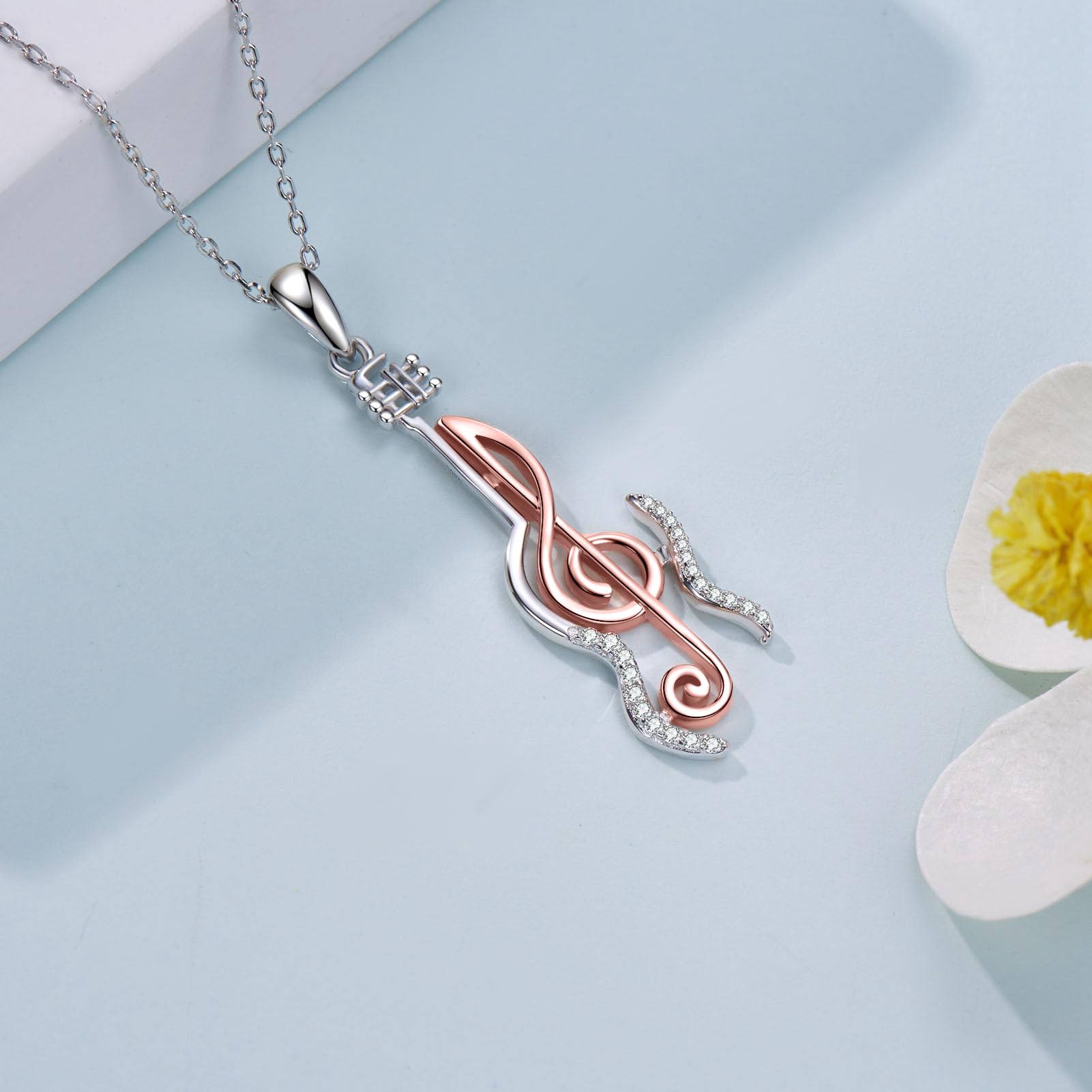 Collar con colgante de notas musicales de plata de ley 925, piano/violín/cristal con notas musicales para mujer