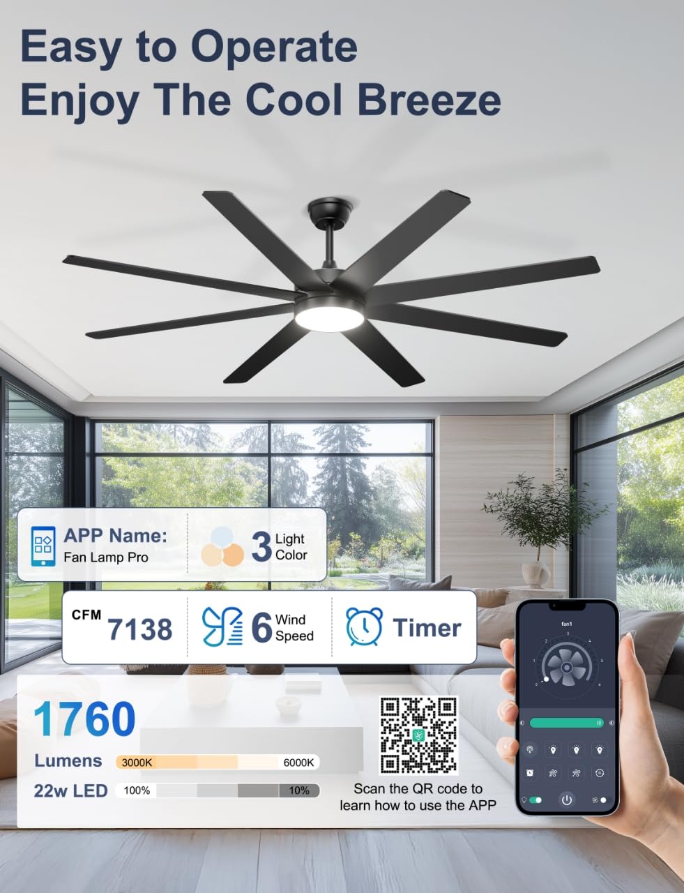 72 Large Ceiling Fans with Lights Modern Black Ceiling Fan Remote APP Control Dimmable Quiet DC Motor Big — view 5