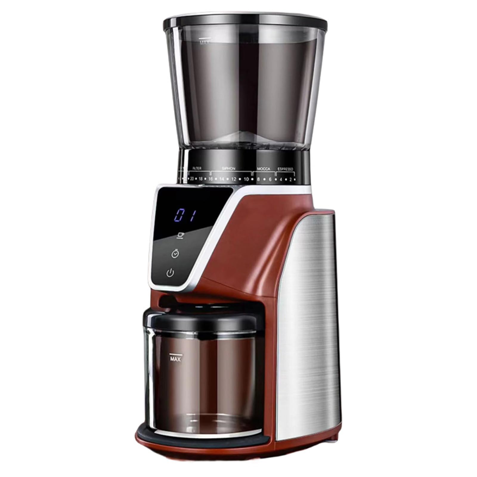 Elektryczny ekspres do kawy o mocy 165 W, młynek żarnowy do ziaren kawy 275 g, młynek do kawy ze stali nierdzewnej, 31-stopniowa regulacja prędkości, do espresso/Drip/French Press/American Coffee red