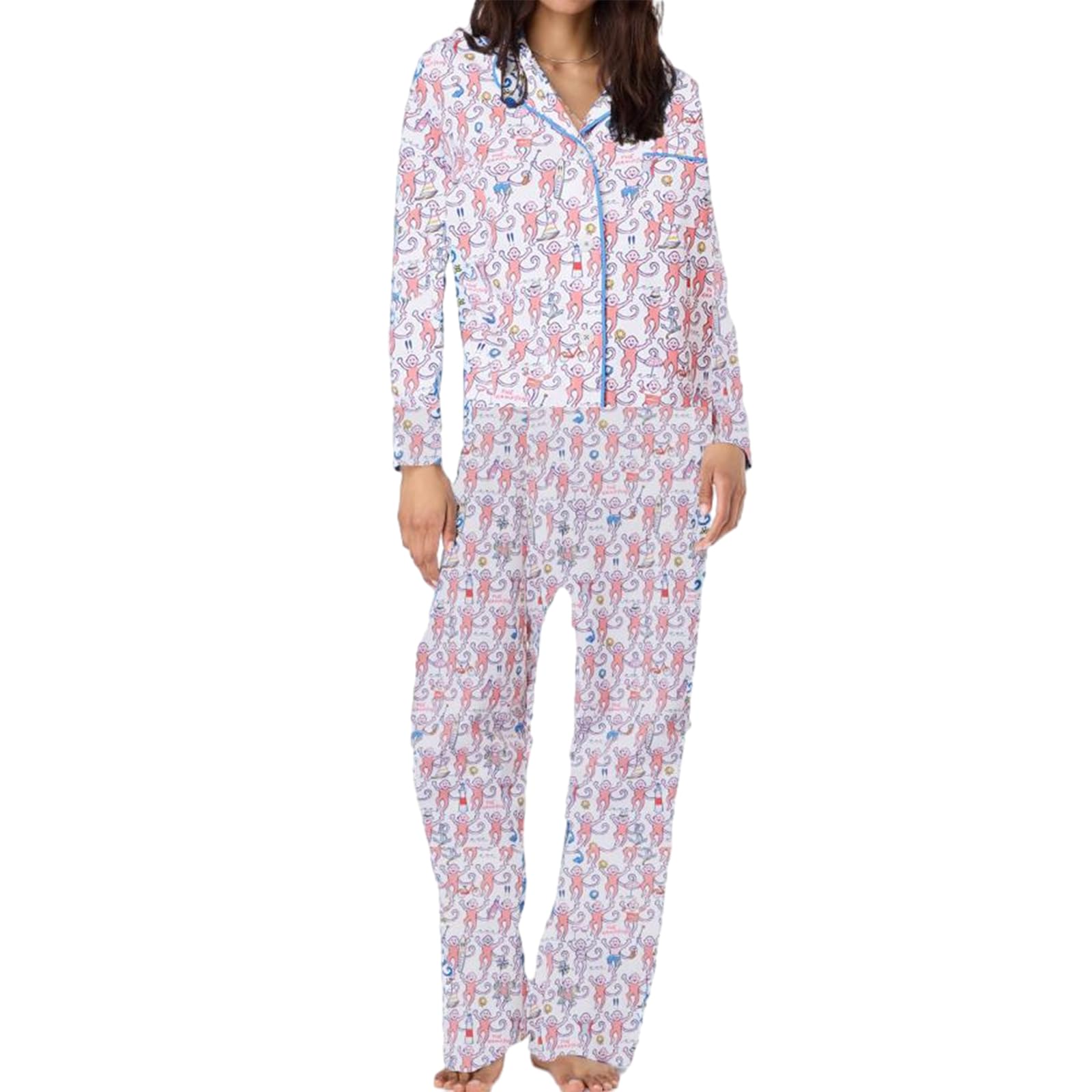 Womens Y2k Pajamas Sets Button Down Cartoon Monkey Long Sleeves Shirt +Elastic Pants Pjs Lounge Sets with Pockets