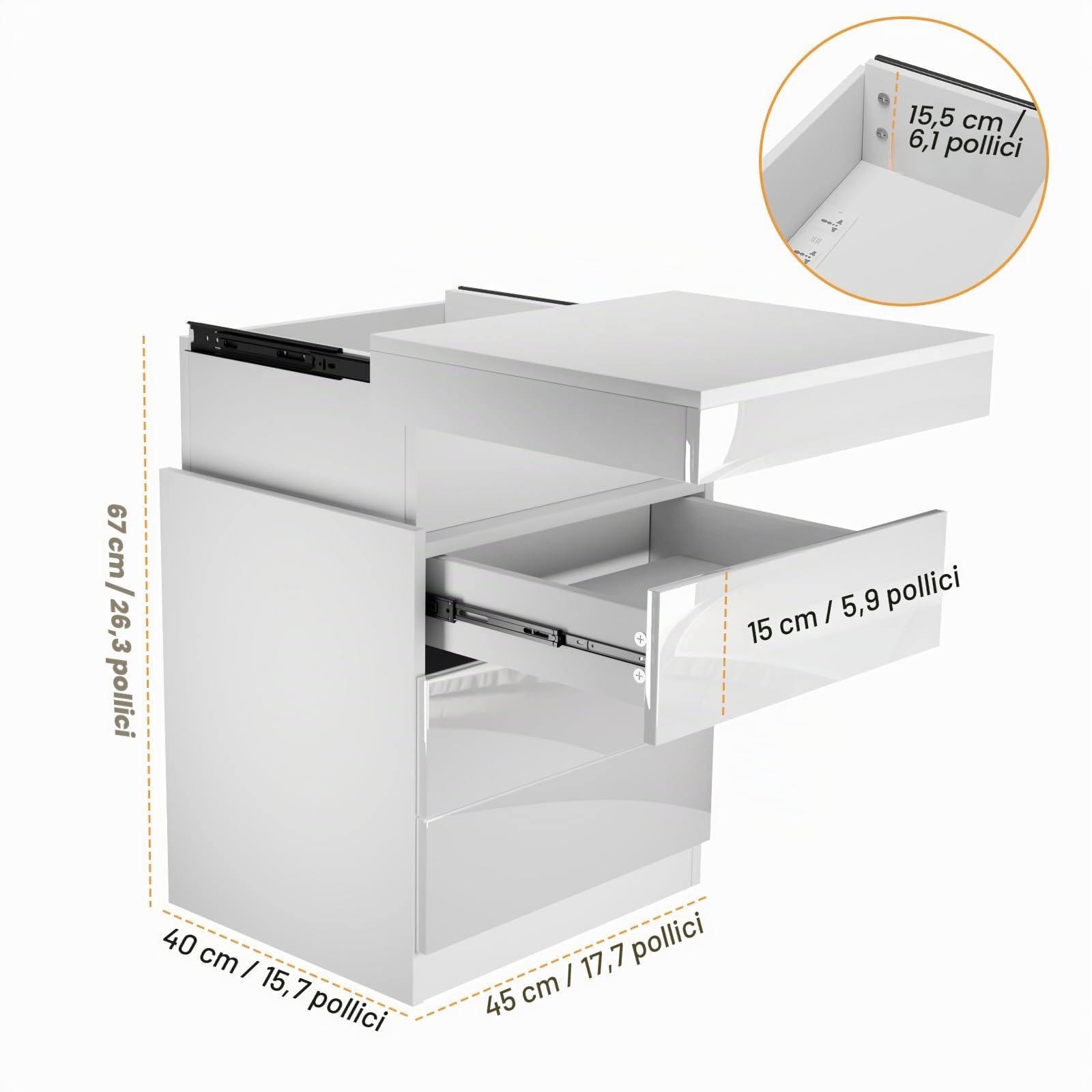 Comodino Bianco con Illuminazione LED,Comodini Camera da Letto Moderno con Presa,Comodino lucido 16 Colori Regolabile,Comodini Soggiorno, Camera da Letto con 3 Cassetti e USB,45x40x67 cm