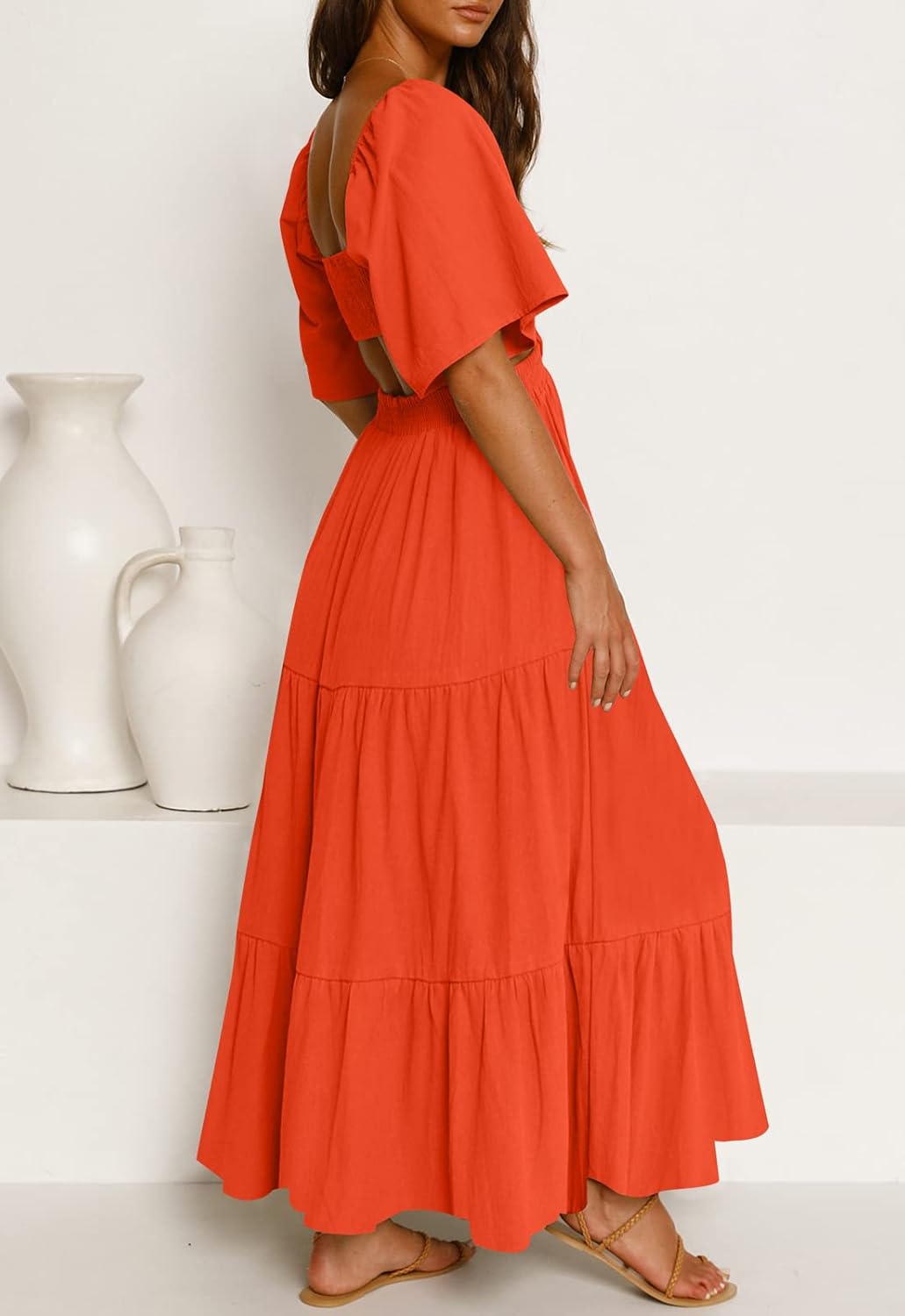 LEANI Women's 2025 Summer Cutout Maxi Dress Square Neck Short Sleeve Crossover Waist Casual Party Dresses - Image 6