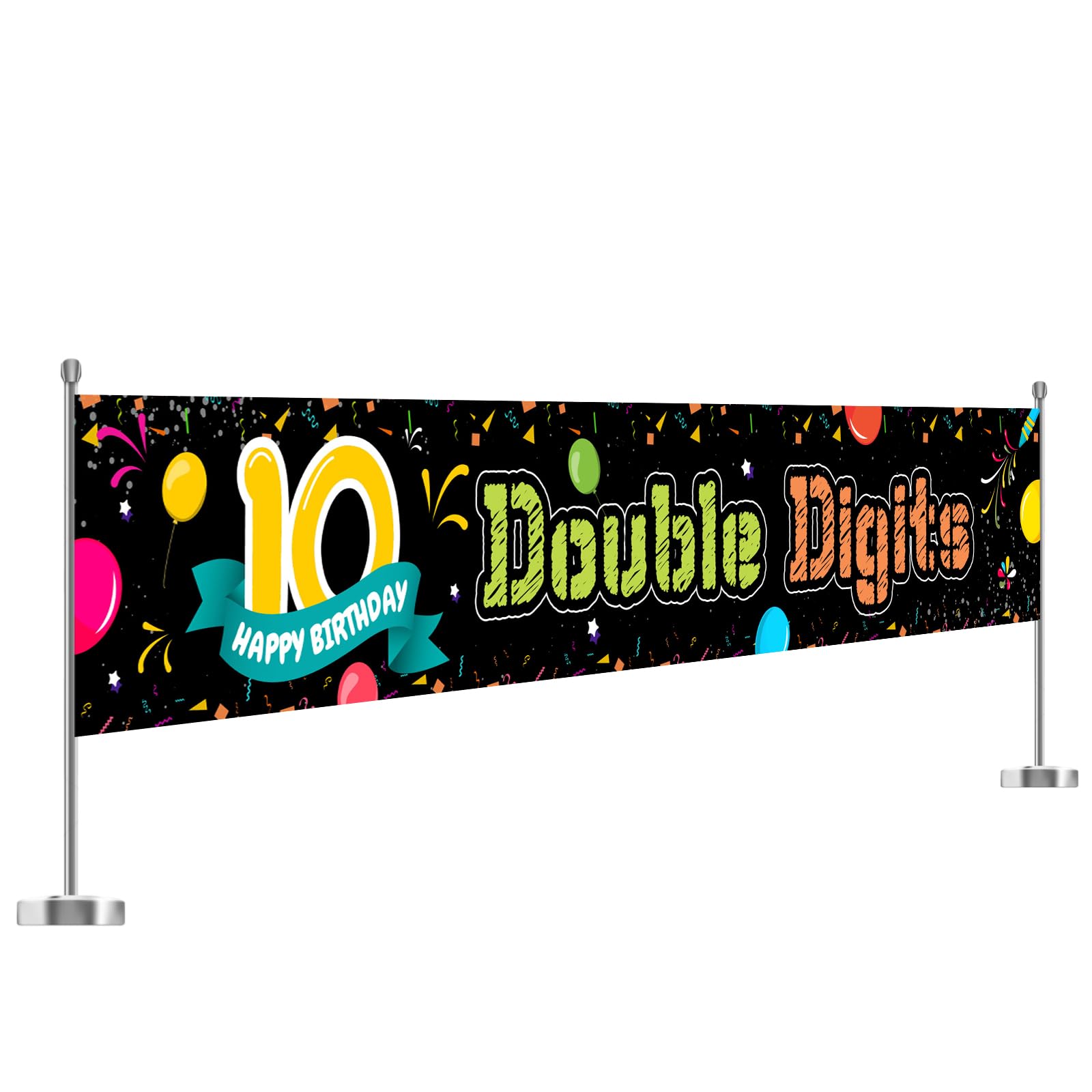 WeBenison Large 10 Double Digits Banner/Happy 10th Birthday Garden Backdrop Banner/Ten Yard Lawn Sign/Cheers to 10 Years Party Outdoor Indoor Decorations, 9.8 x 1.6 ft
