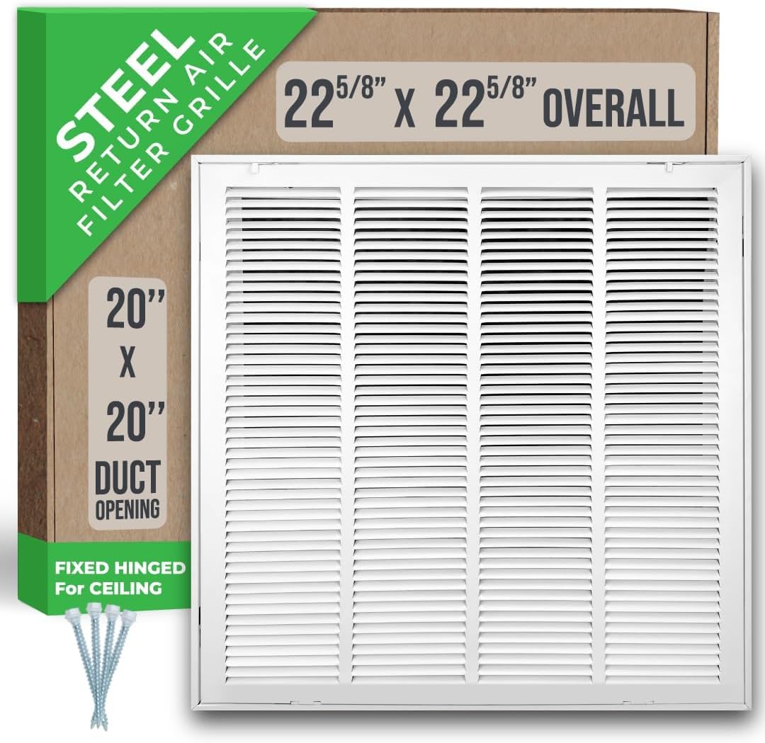 Fits 20x20 Duct Opening | Steel Return Air Filter Grille by Handua [Fixed Hinged] for 1-inch Filters | Vent Cover Grill for Sidewall and Ceiling | White | Outer Dimensions: 22 5/8"W X 22 5/8"H