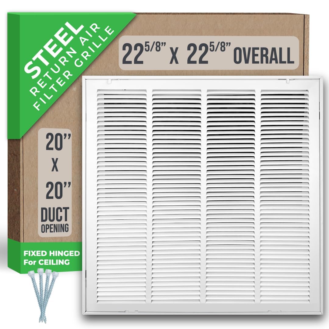 Fits 20x20 Duct Opening | Steel Return Air Filter Grille by Handua [Fixed Hinged] for 1-inch Filters | Vent Cover Grill for Sidewall and Ceiling | White | Outer Dimensions: 22 5/8"W X 22 5/8"H