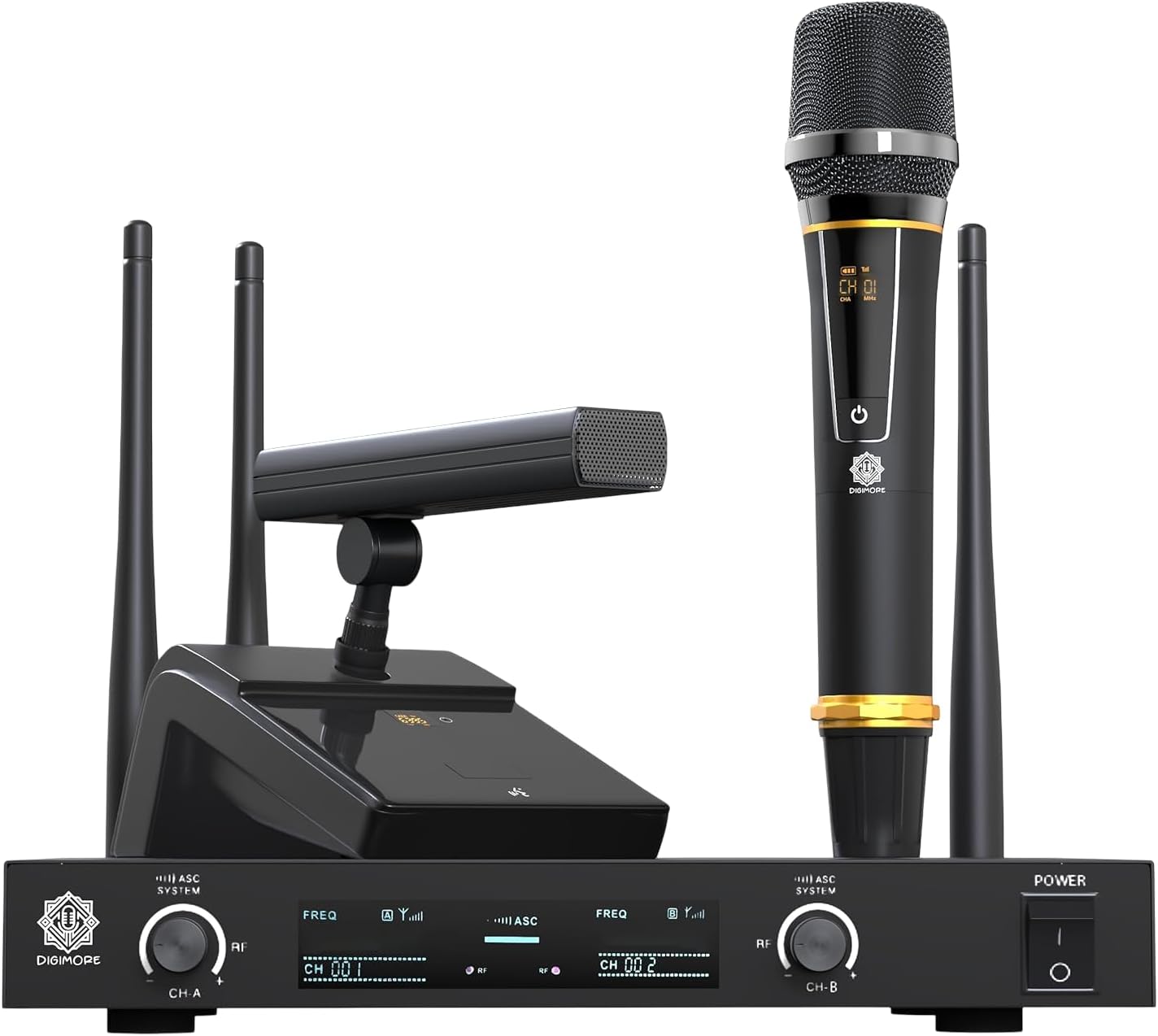 DIGIMORE UHF Wireless Conference Microphone | Desktop Microphone with One Handheld Microphone | 60 Channels | 300 Feet Range | Meetings, Streaming Lectures, Wedding, Social Events (D-630)