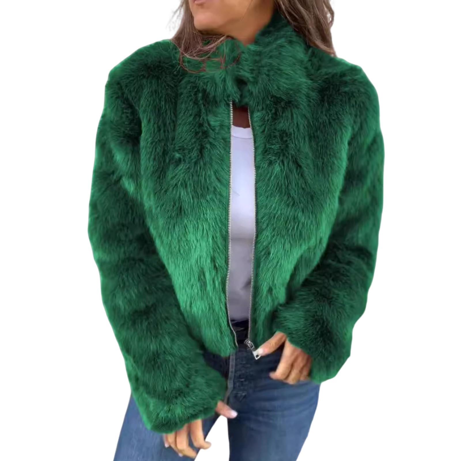 Nbzsmlkn Women's Green High Collar Fur Zipper Casual Jacket,Shaggy Warm Open Front Cardigan Coat Casual Long Sleeve Fluffy Outerwear, Cropped Faux Fur Jacket (,2Xl)
