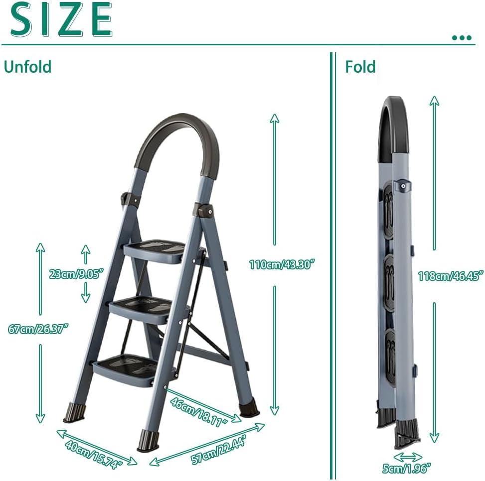 Hershii Step Ladder 3 Step Foldable Stool 330lbs Capacity Heavy Duty with Handle, Anti-Slip Wide Pedals Lightweight Stepladder for Household, Painting, Plant Displaying - Grey