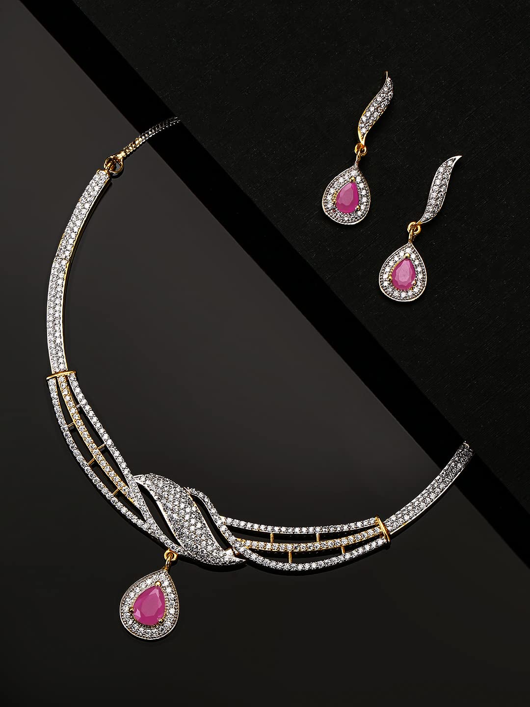 Pink Stone & American Diamond Necklace Set with Drop Earrings