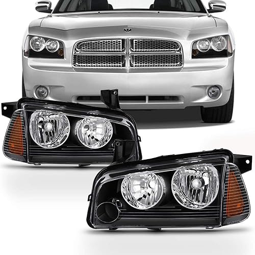 AKKON - Para faros delanteros negros Dodge Charger 2006-2010 + luces de señal de esquina ámbar (izquierda y derecha) Raeplacement