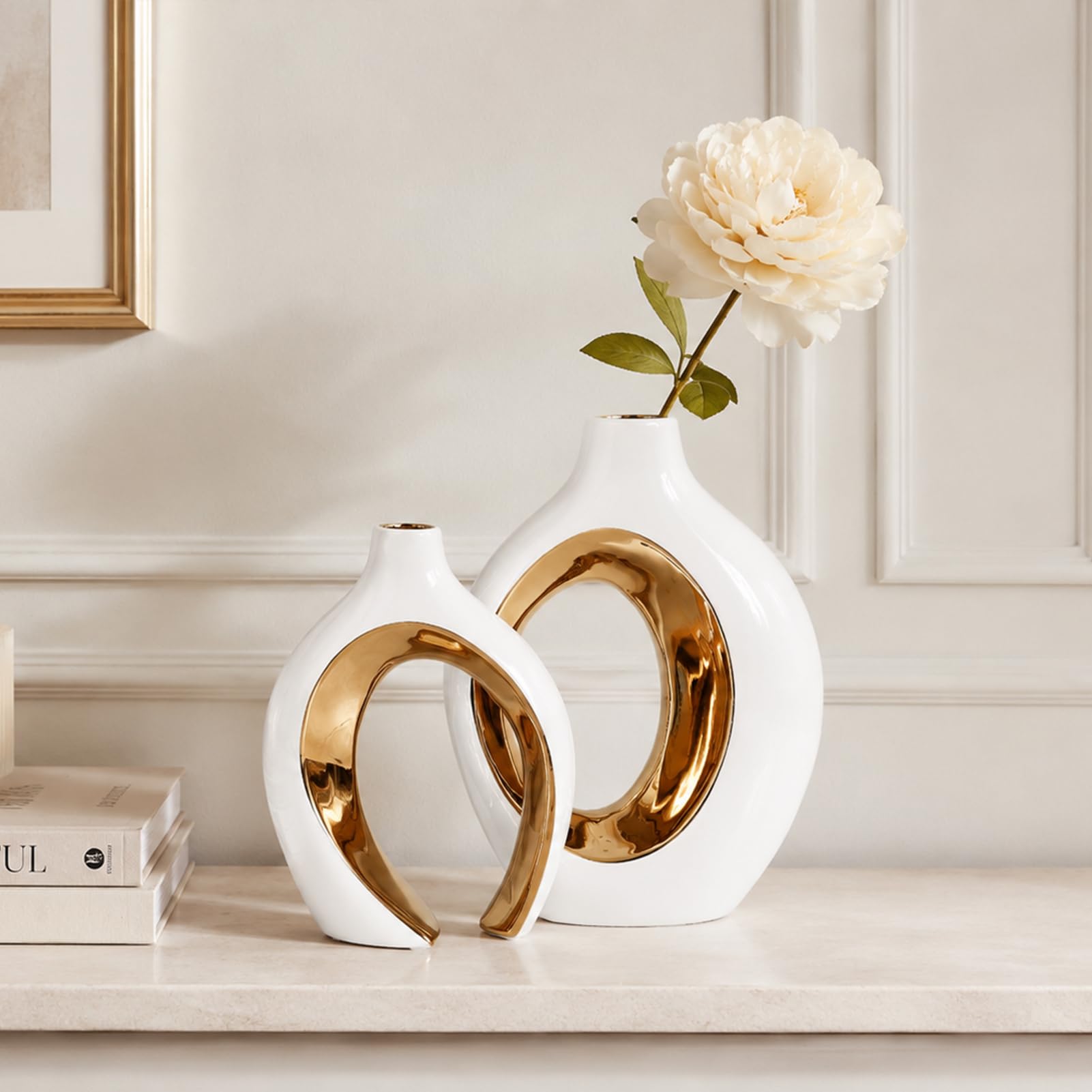 Vase céramique Lot de 2 Blanc et doré,Vase déco Moderne Maison Salon Table | Pour pampa et fleurs séchées, centre de table moderne, décoration mariage, fête et entrée