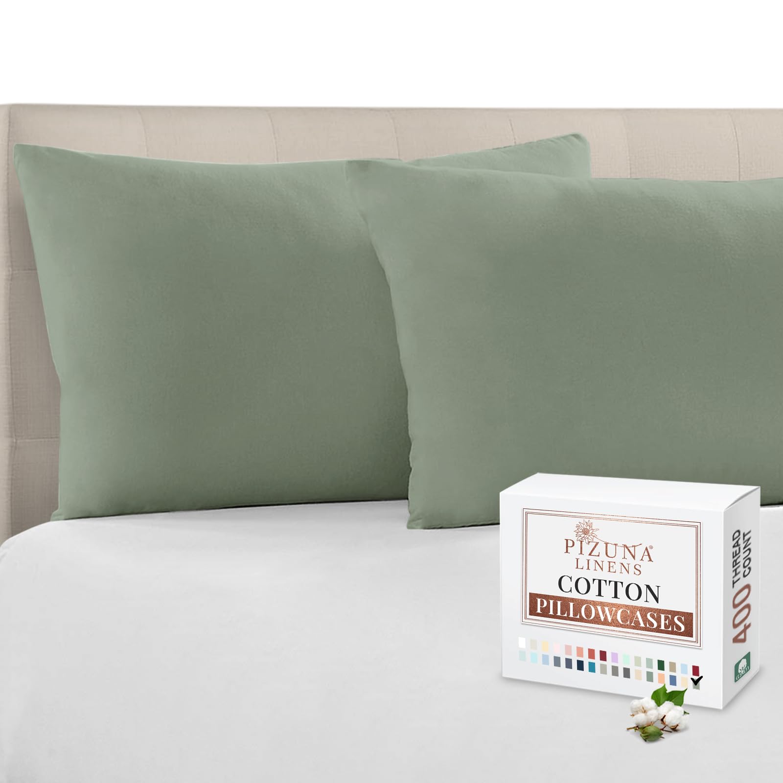 Pizuna Sea Foam 100% Cotton Housewife Pillowcases 2 Pack 48X74cm, 400 Thread Count Long Staple Combed Cotton Pillow Cover, Sateen Weave Standard Housewife Pillowcase (Cotton Pillowcase Pack Of 2)