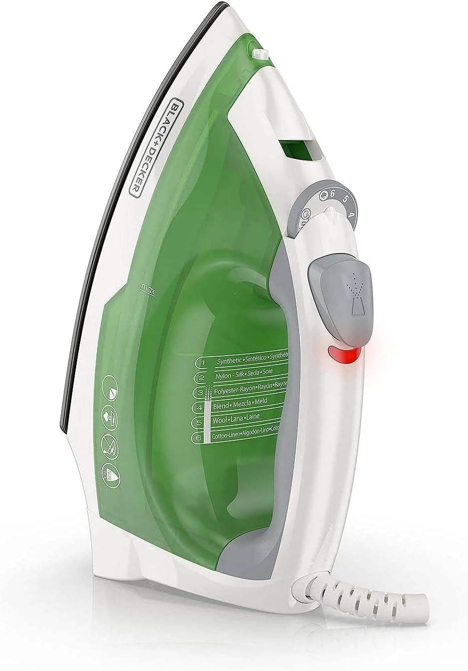 Side view of BLACK+DECKER Easy Steam Iron showing temperature dial