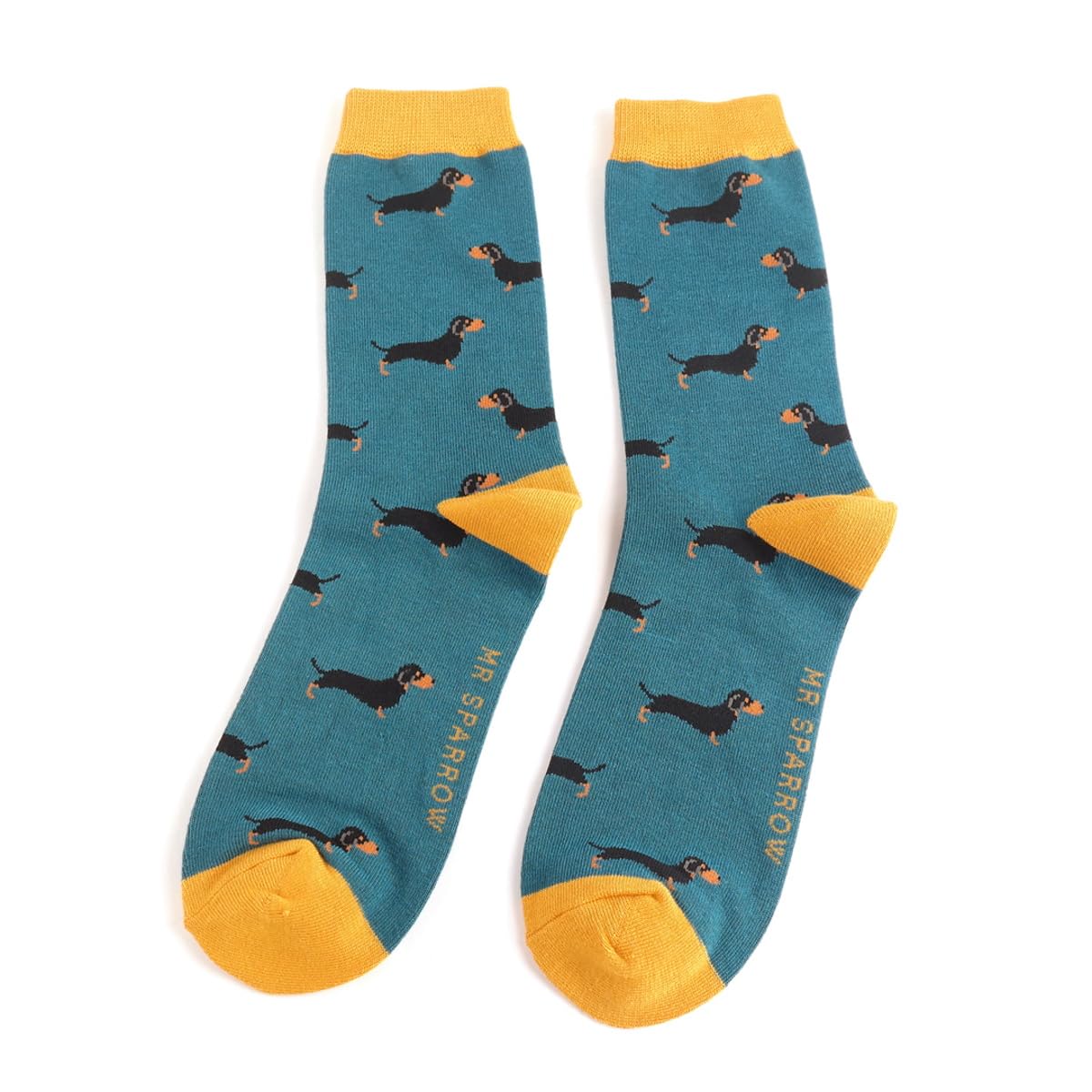 Lilyrosa Men's Teal Dachshund Design Socks One Size 7-11 Bamboo Blend Crew Mid Calf Sausage Dogs