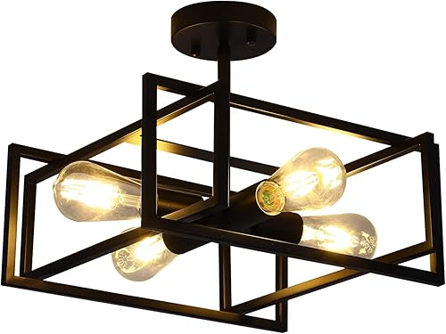 Lámpara de techo de 4 luces negras de montaje empotrado industrial de metal cerca del techo, iluminación de granja para pasillo, dormitorio, cocina,